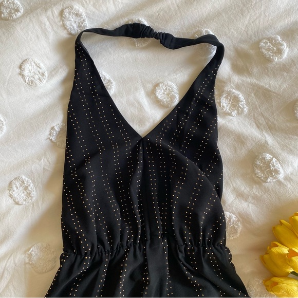 Bebe gold-studded high-low black halter party dress with chiffon overlay - Picture 9 of 14